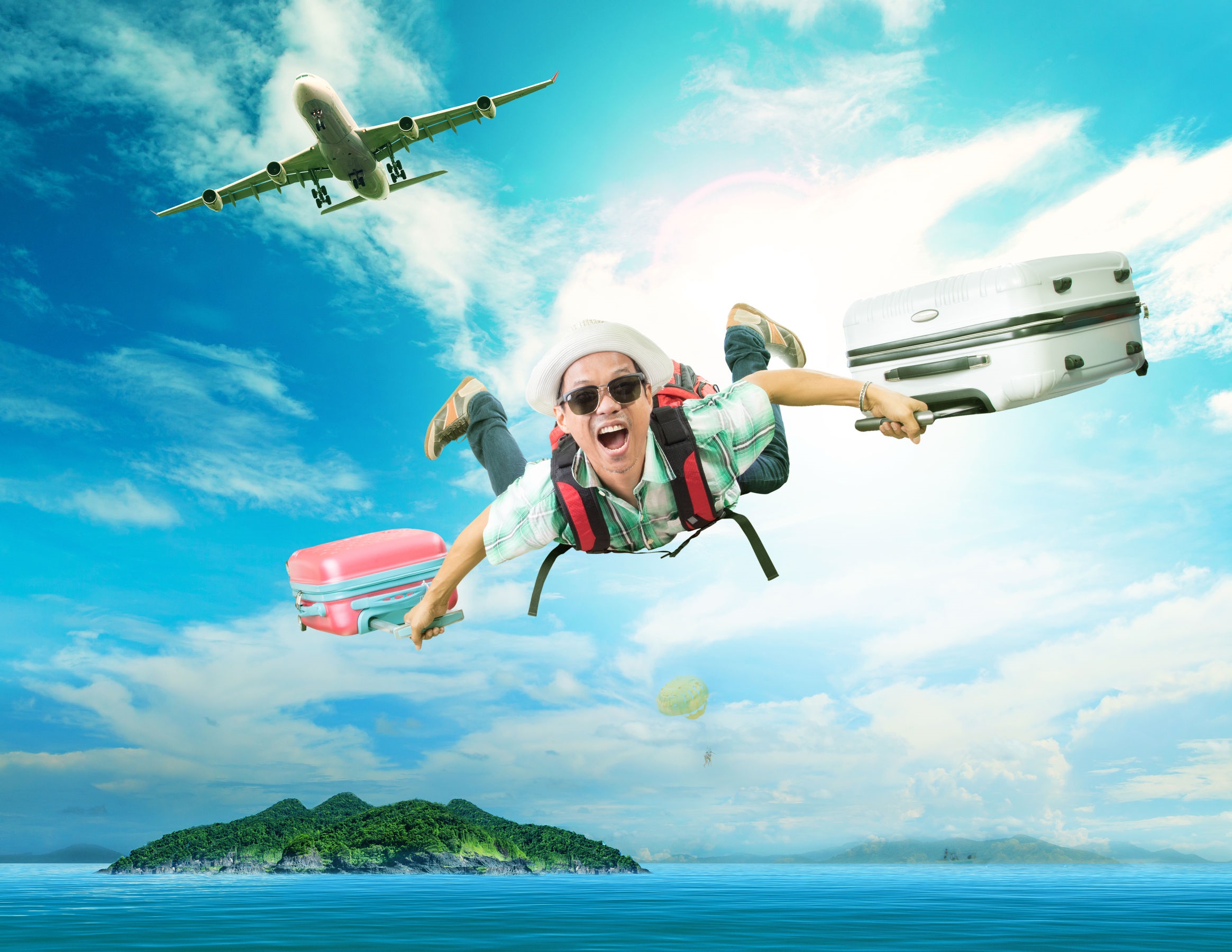 40132620 - young man flying from passenger plane to natural destination island on blue ocean with happiness face emotion use for people traveling on vacation holiday in summer season