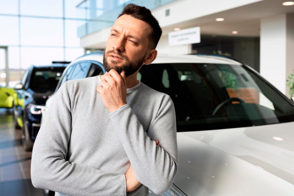 Hombre analizando vehículo en concesionaria para estimar su valor fiscal antes de comprar.